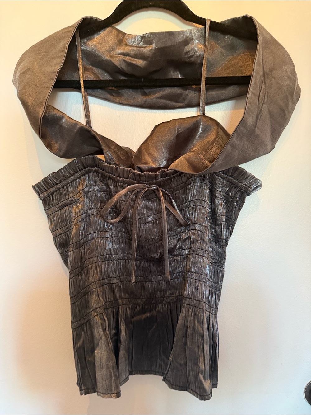 Womens Metallic Charcoal Halter Peplum Blouse